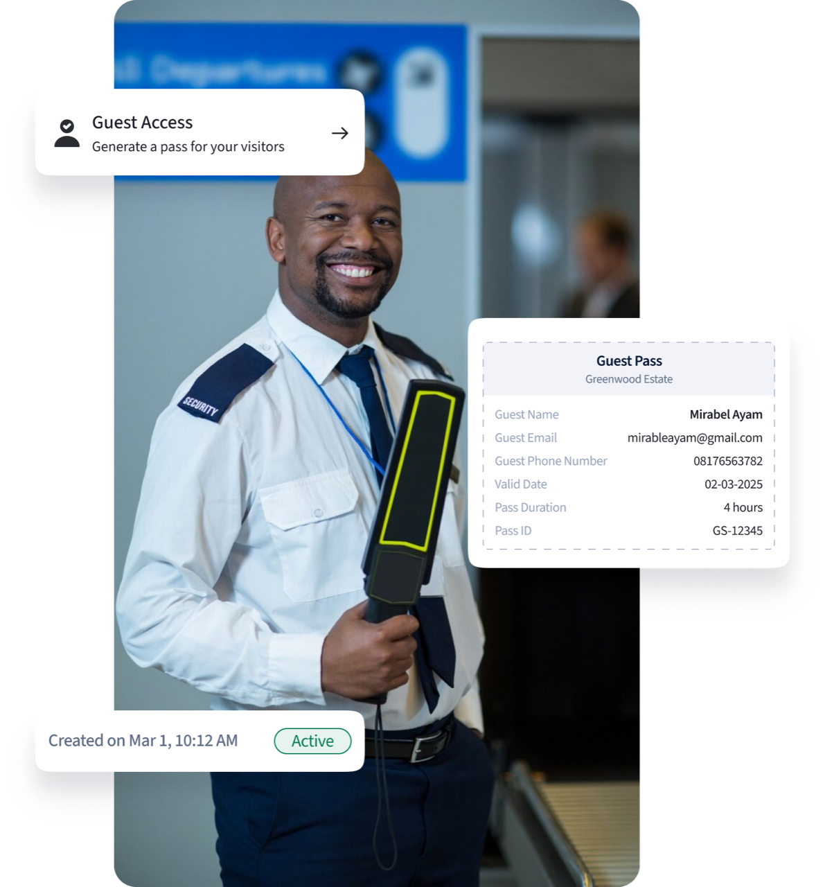 Estate security officer with a guest pass preview